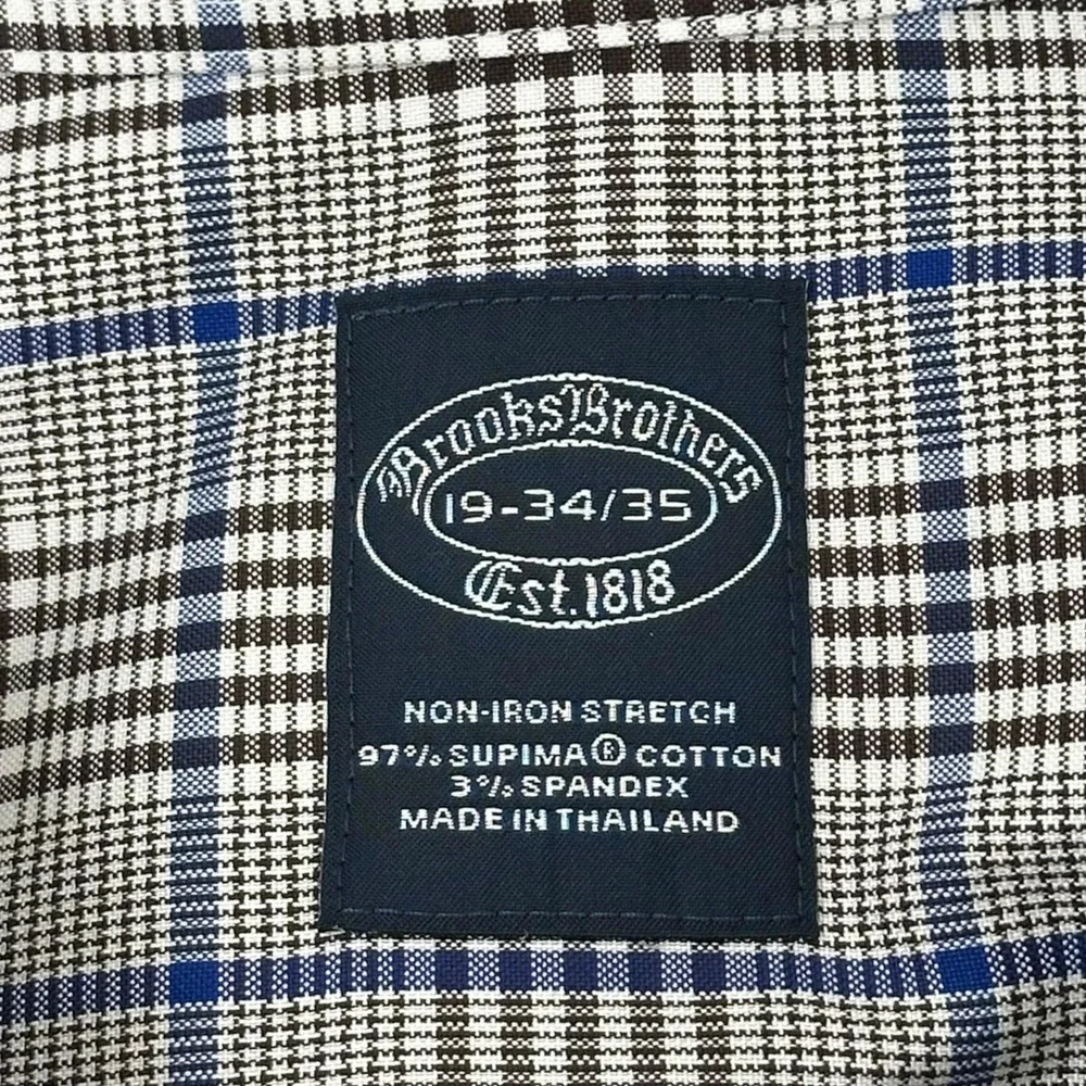 Brooks Brothers Stretch Supima Shirt Mens‎ 19 34/35 Blue Plaid Non Iron Dress
